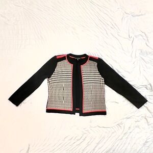 Ming Wang Knit Jacket Black Beige Houndstooth with Coral Trim | PM